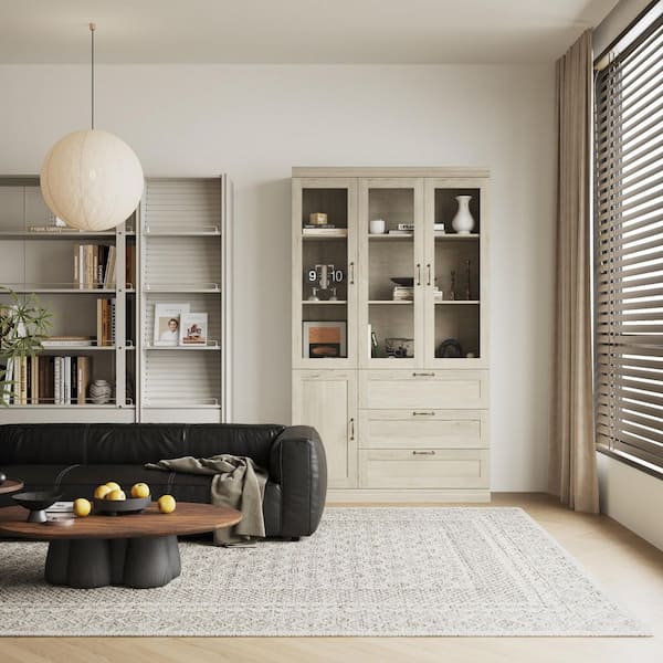 80 in. Tall Beige Wood 8-Shelf Standard Bookcase, Accent Storage Cabinet with Glass Doors and 3 Drawers