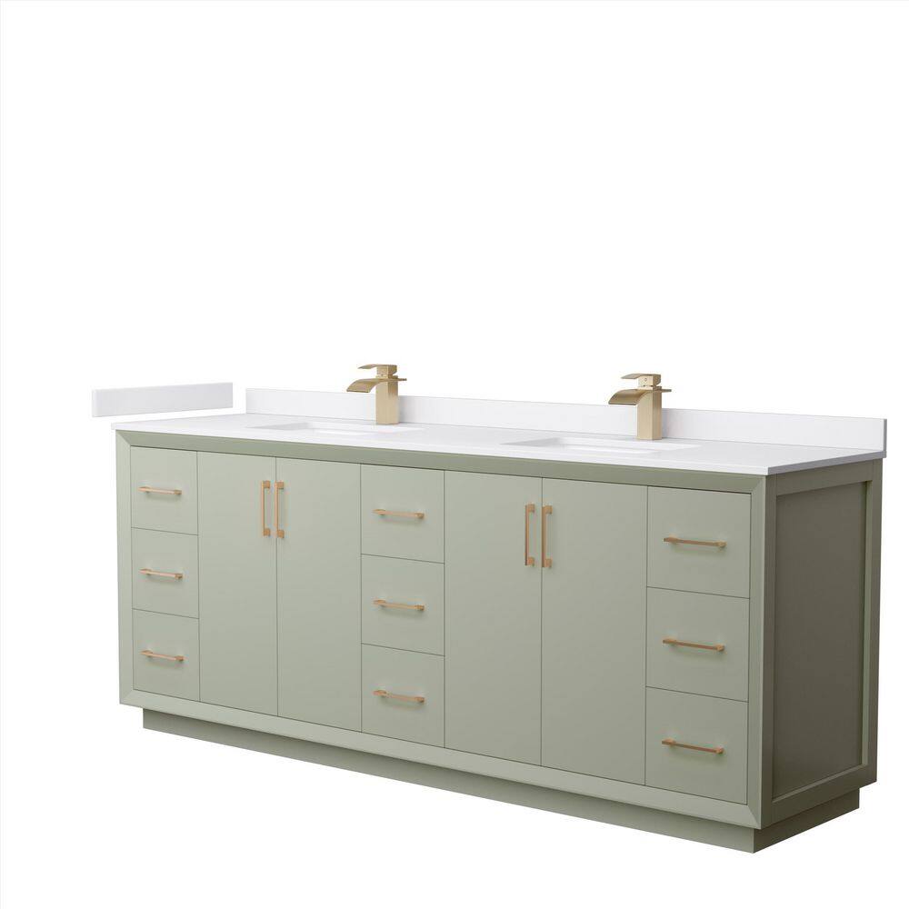 Wyndham Collection Strada 84 in. W x 22 in. D x 35 in. H Double Bath Vanity in Light Green with White Cultured Marble Top, Light Green with Satin Bronze Trim -  WCF414184DLZWCUNSMXX