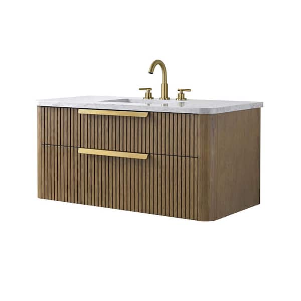 Warren 42 in. Floating Bath Vanity in Aged Oak with Engineered Stone Top in Arabescato and White Sink