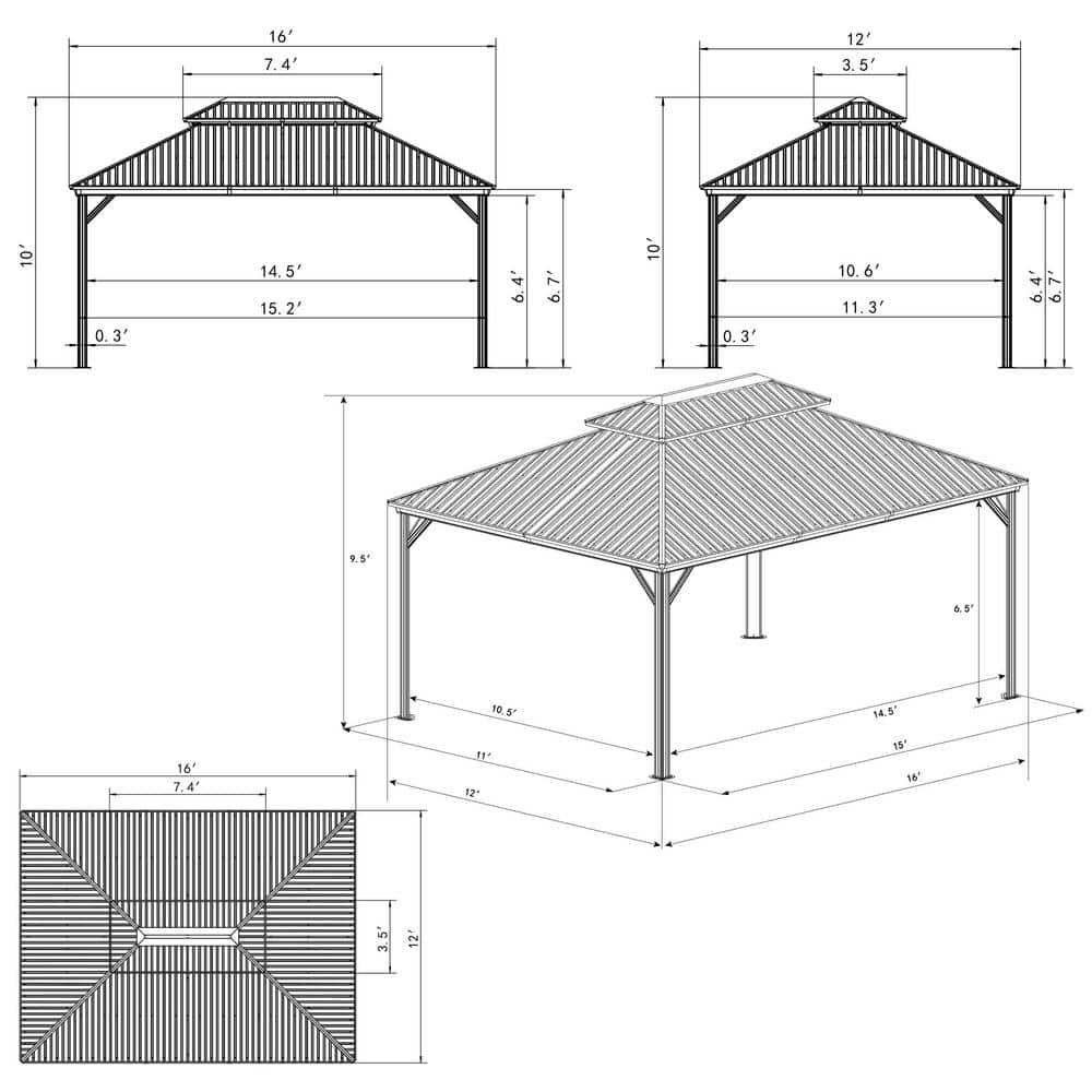 Caesar 12'x16' Dark Brown Aluminum Permanent Hardtop Gazebo with Netting