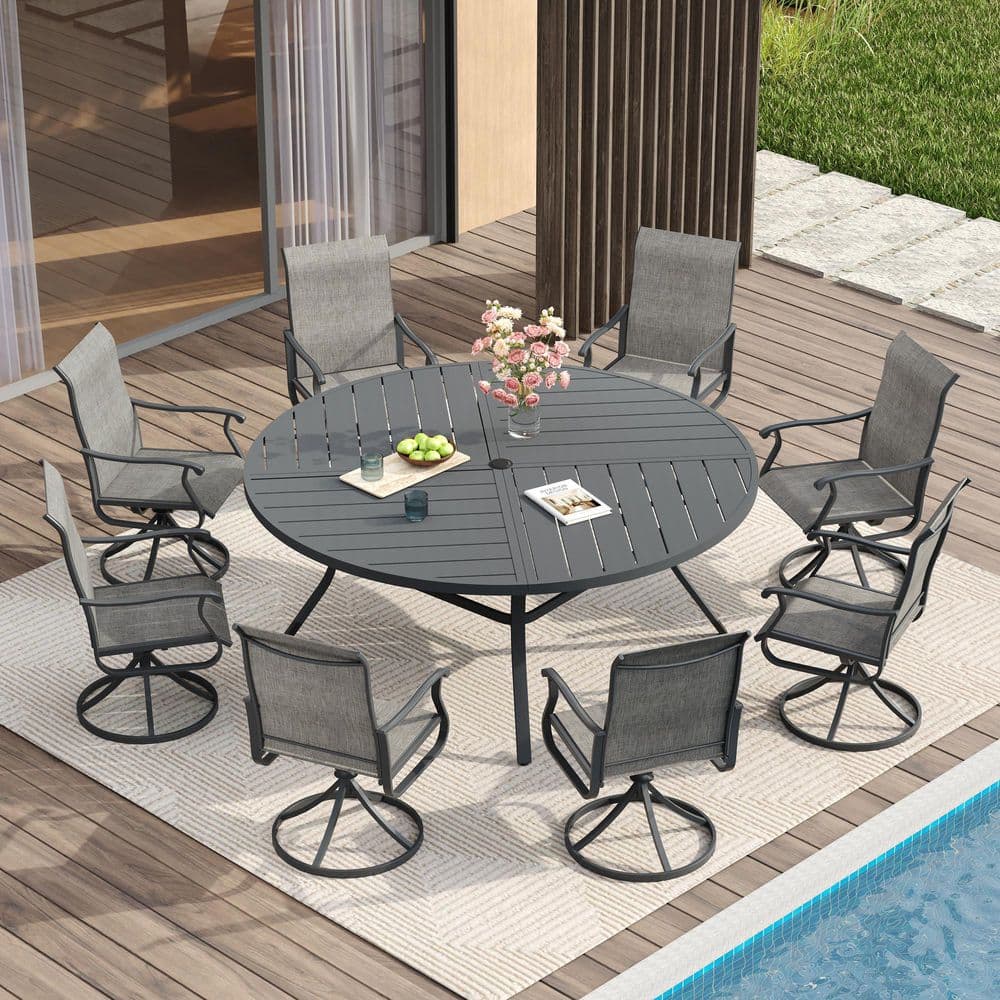 9-Piece Metal Outdoor Patio Dining Set with 59.8 in. Grey Round Dining Table and 8 Grey Textilene Swivel Dining Chairs