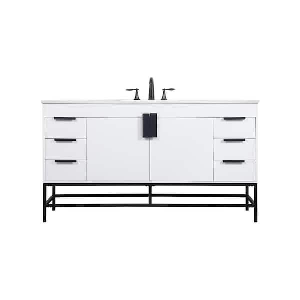 Unbranded Simply Living 60 in. W x 22 in. D x 33.5 in. H Bath Vanity in White with Ivory White Engineered Marble Top