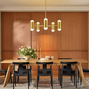 Cobina 5-Light Modern Brushed Brass Round Sputnik Pendant Dimmable Integrated LED Drum Chandelier for Living Room