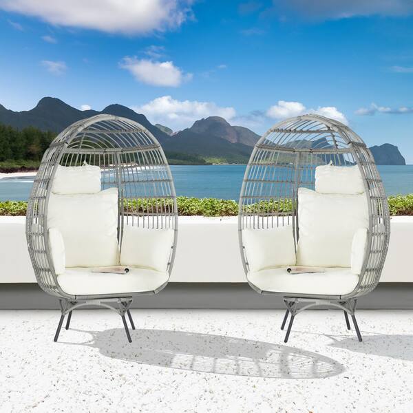 BFB 2 -Pieces Oversized Patio Gray Wicker Swivel Egg Chair, Indoor Outdoor Rattan Egg Chair