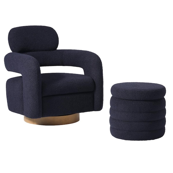 Bayville Modern 2-Piece Sherpa Swivel Accent Chair Set With Round Storage Footstool Ottoman in Navy Blue