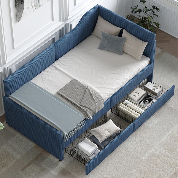 Bailey Blue Twin Size L-Shaped Corduroy Upholstered Daybed with 2-Storage Drawers