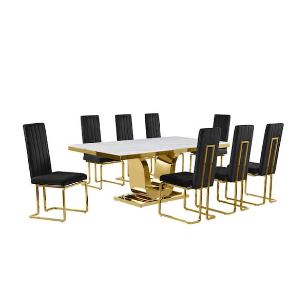 Best Quality Furniture Ada 9-Piece Rectangle White Marble Top With Gold Stainless Steel Dining Set With 8 Black Velvet Gold Chrome Chairs