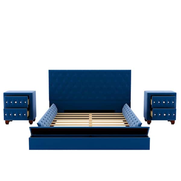 Donason 80 in. W Blue Velvet Wood Frame Full with Two Upholstery Nightstands Platform Bed