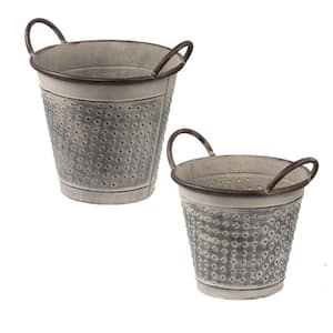 Antique Gray Metal Planter Buckets (Set of 2)