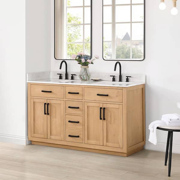Gavino 72 in. W x 22 in. D x 34 in. H Bath Vanity in Light Brown with Grain White Composite Stone Top