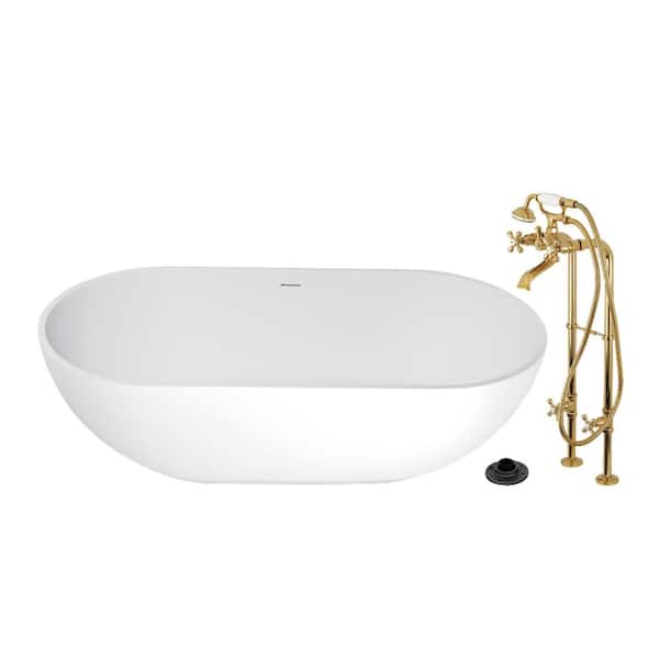 Arcticstone 70.1 in. x 34.6 in. Surface White Stone Flatbottom Soaking Freestanding Bathtub in White/Polished Brass