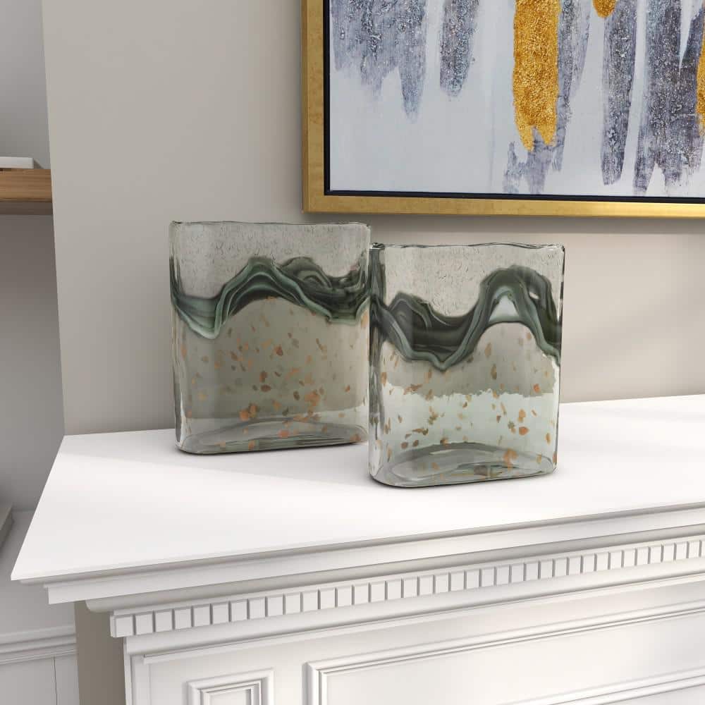 Elegant Gray Glass Vase Duo with Speckled Wave Design
