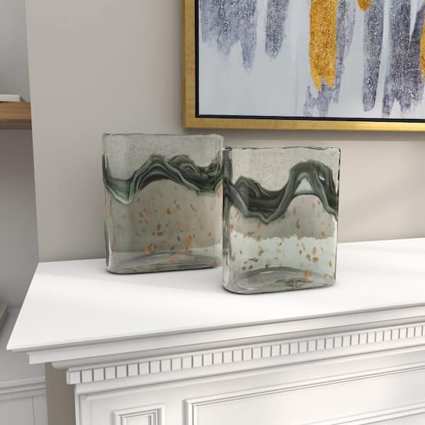 Litton Lane 9 in., 8 in. Gray Handmade Blown Glass Decorative Vase with Speckled Wave Design (Set of 2)