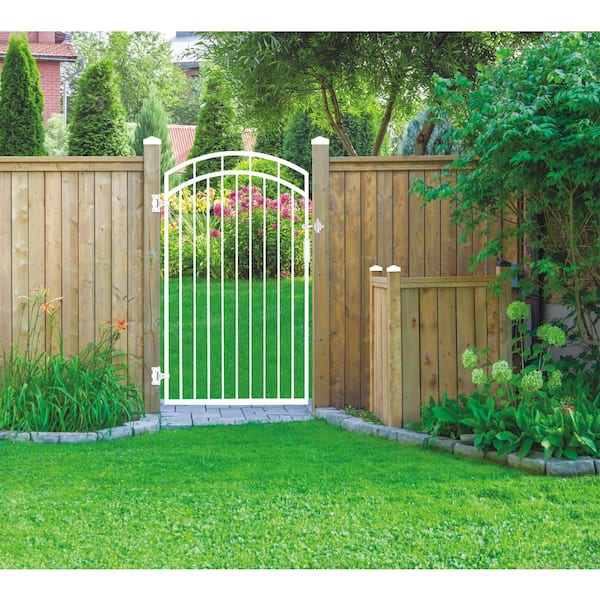 Glossy White Arched Benitoite Steel Gate (45 in. W x 68 in. H) with Self-Close Hardware, Double-Sided Handle, 2x2 Hinges