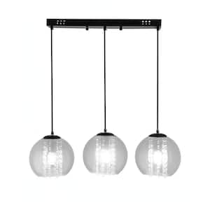 3-Light Black and Smoke Gray Modern Shaded Pendant Light with Glass Shade and Adjustable Height, No Bulbs Included