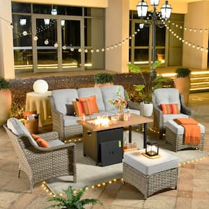 Eureka Grey 6-Piece Wicker Outdoor Patio Conversation Sofa Seating Set with a Storage Fire Pit and Light Gray Cushions