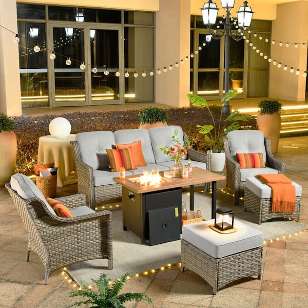 Toject Eureka Grey 6-Piece Wicker Outdoor Patio Conversation Sofa Seating Set with a Storage Fire Pit and Light Gray Cushions