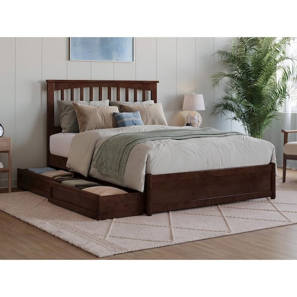 AFI Everett Walnut Brown Solid Wood Frame Full Platform Bed with Panel Footboard and Storage Drawers