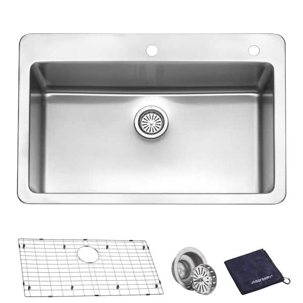 JASSFERRY 18-Gauge Stainless Steel 33 in. Single Bowl Drop-In Tight Radius Kitchen Sink with Bottom Grid