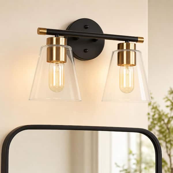 Uolfin 14 in. 2-Light Black and Gold Powder Room Wall Sconce ...