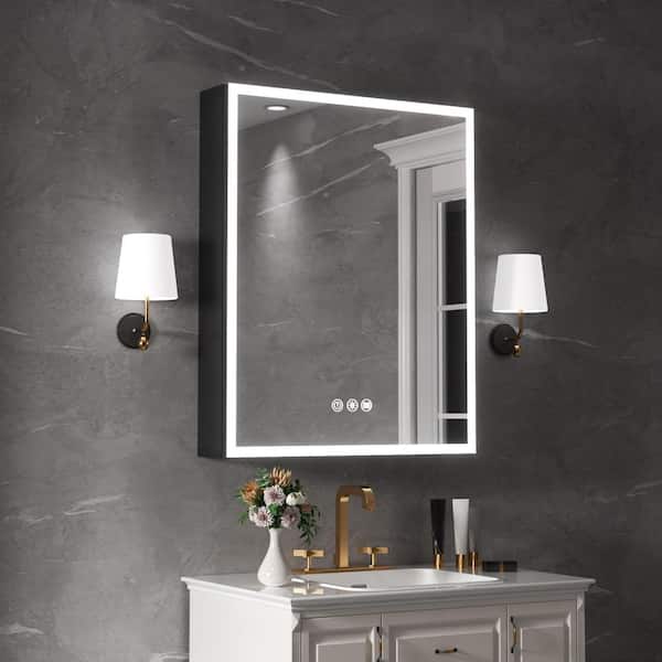 Ziyudura 24 in. W x 30 in. H Rectangular Aluminum LED Medicine Cabinet with Mirror and Flowing Light, Dimmable, Anti-fog, Black