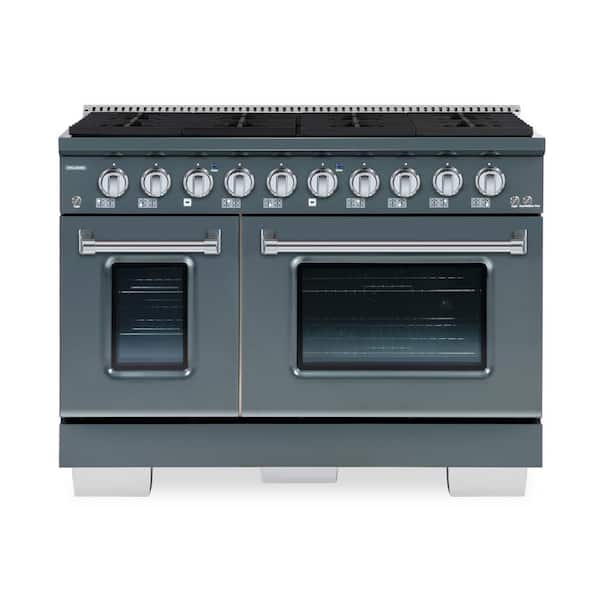 Hallman BOLD 48 in 6.7 CF 8-Burners Freestanding Double Oven Dual Fuel Range-Gas Stove & Electric Oven-GR RAL 7031 W/Chrome Trim