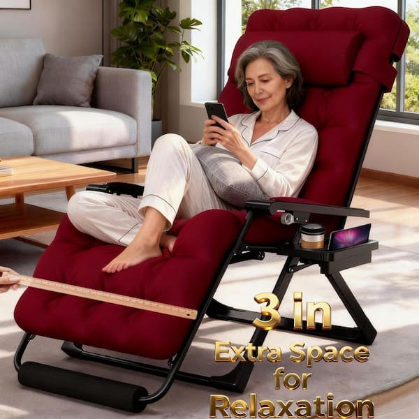 29 in.W Oversized Zero Gravity Chair Metal Outdoor Chaise Lounge with Claret Removable Cushion and Headrest