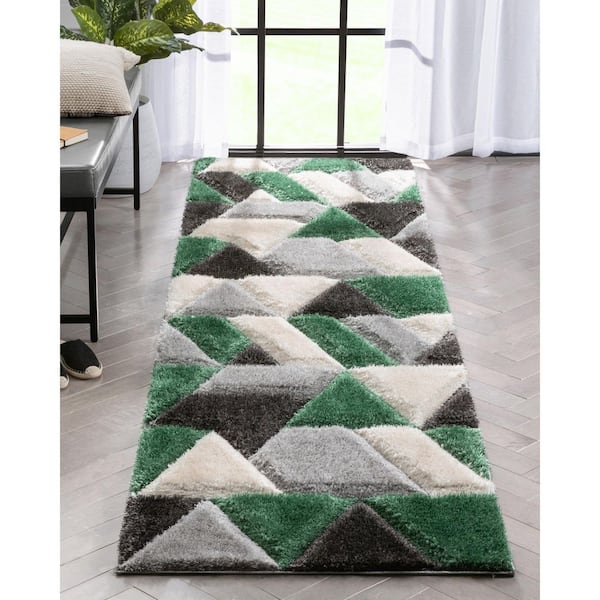 San Francisco Holland Modern Geometric Shag Hand-Carved, Green 2 ft. 7 in. x 9 ft. 10 in. Runner, Area Rug