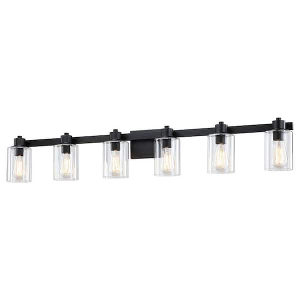 50 in. 6 Light Matte Black Vanity Light with Clear Glass Shades