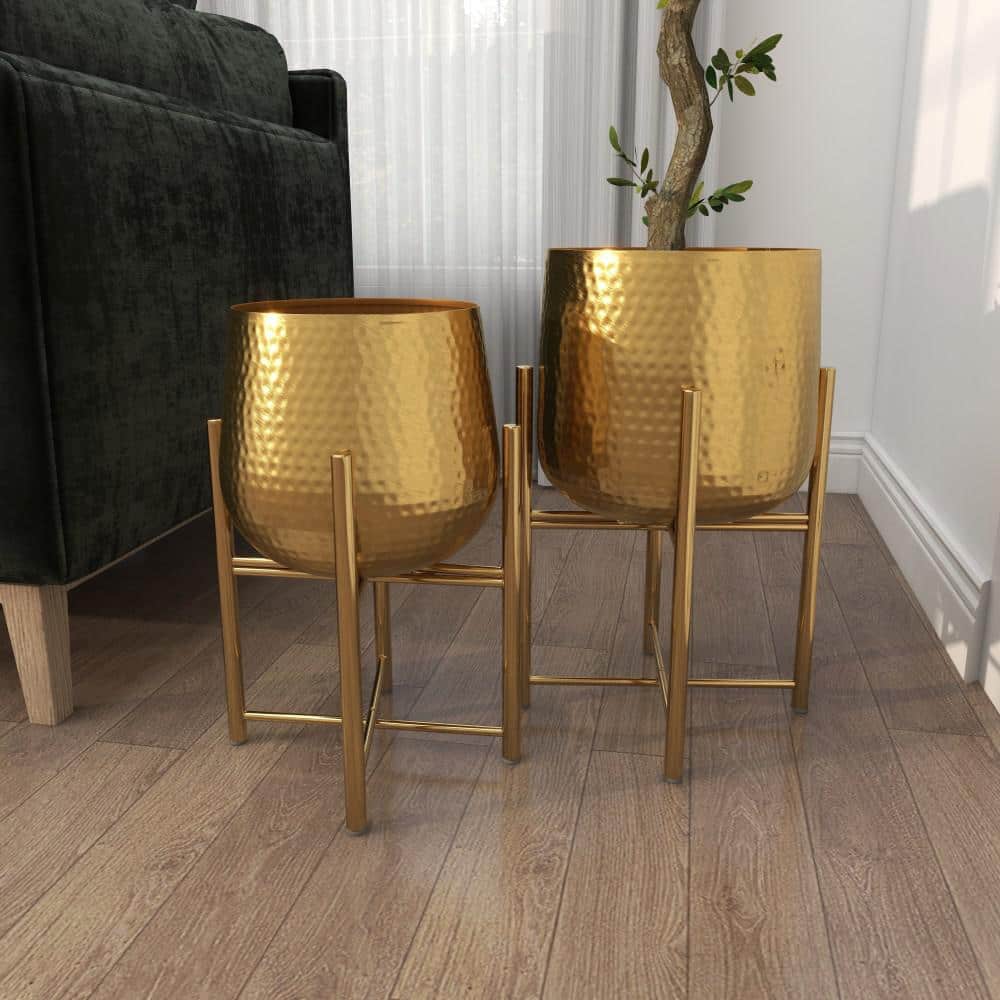 Contemporary Gold Metal Indoor Planter with X-Shaped Stand, 17" Height
