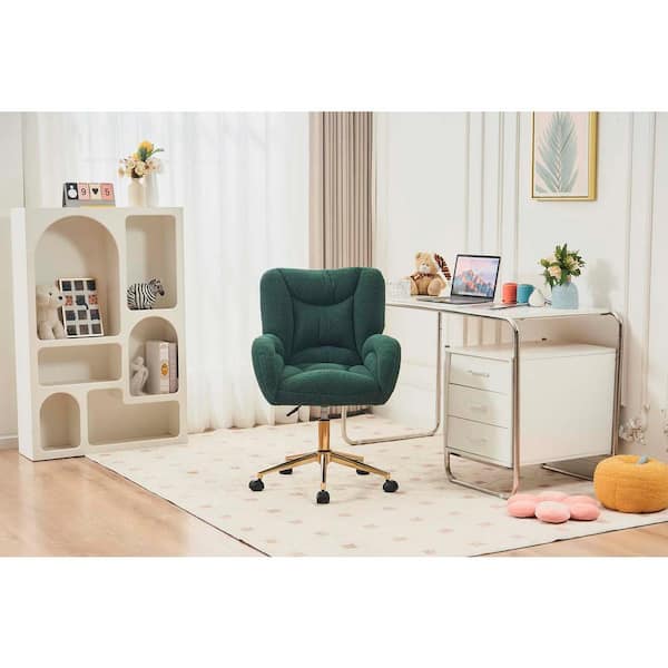 Green Teddy Fabric 360 Swivel Home Office Chair With Gold Metal Base and Universal Wheels