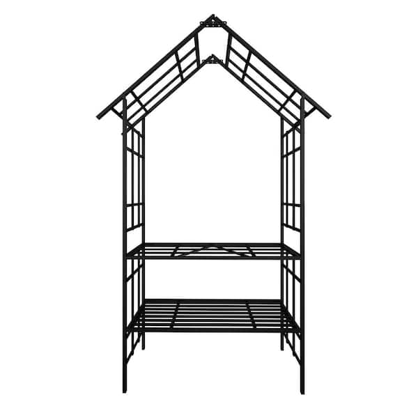 58.07 x 97.24 Metal Garden Arch with Bench Turned into Flower Stand, Climbing Plants Support Rose Arch Black, Trellis