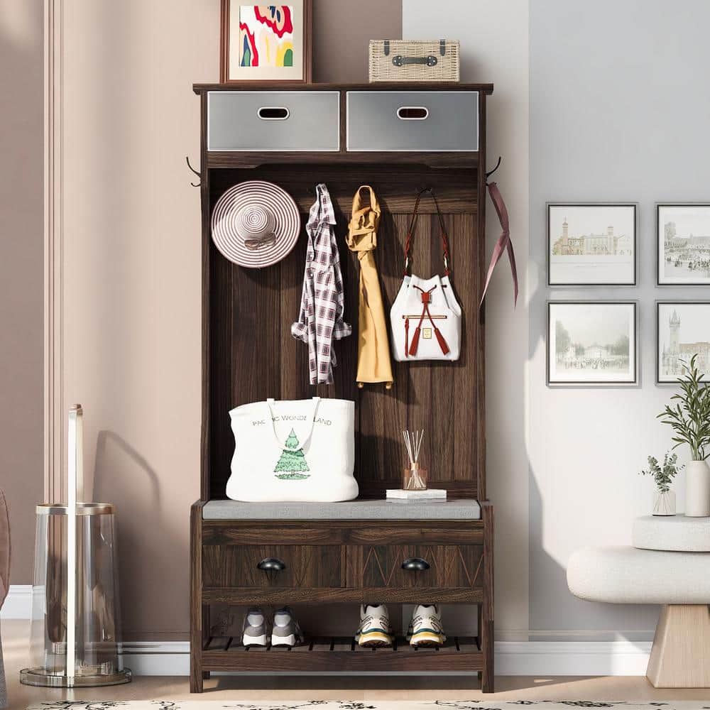 69 in. H Hall Tree with 4 Hooks and Hinged Lid, Coat Hanger, Entryway Bench