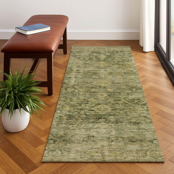 Mayfield Premium Machine Washable Abstract AMF1773 Green 2 ft. 3 in. x 7 ft. 6 in. Runner Rug