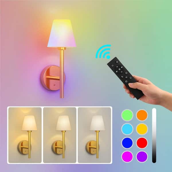 5 in. 1-Light Copper LED Wall Sconces with White Lampshade, Wireless Wall Lights for Bedroom, Living Room, Set of 2