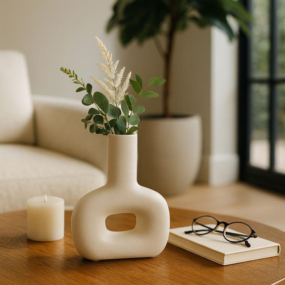Liv & Skye 8 in. Ivory Stoneware Open Cut-Out Decorative Vase