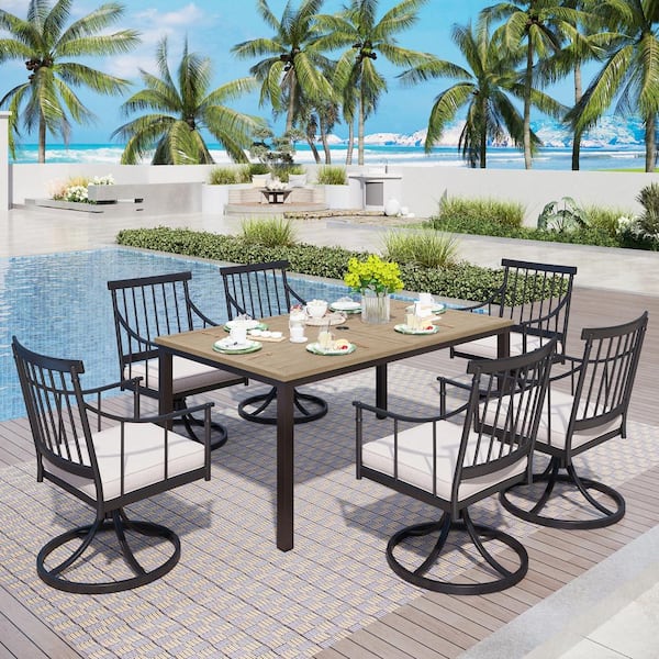 PHI VILLA 7-Piece Metal Patio Outdoor Dining Set with Brown Rectangular Table-Top and Swivel Stylish Chairs with Beige Cushion