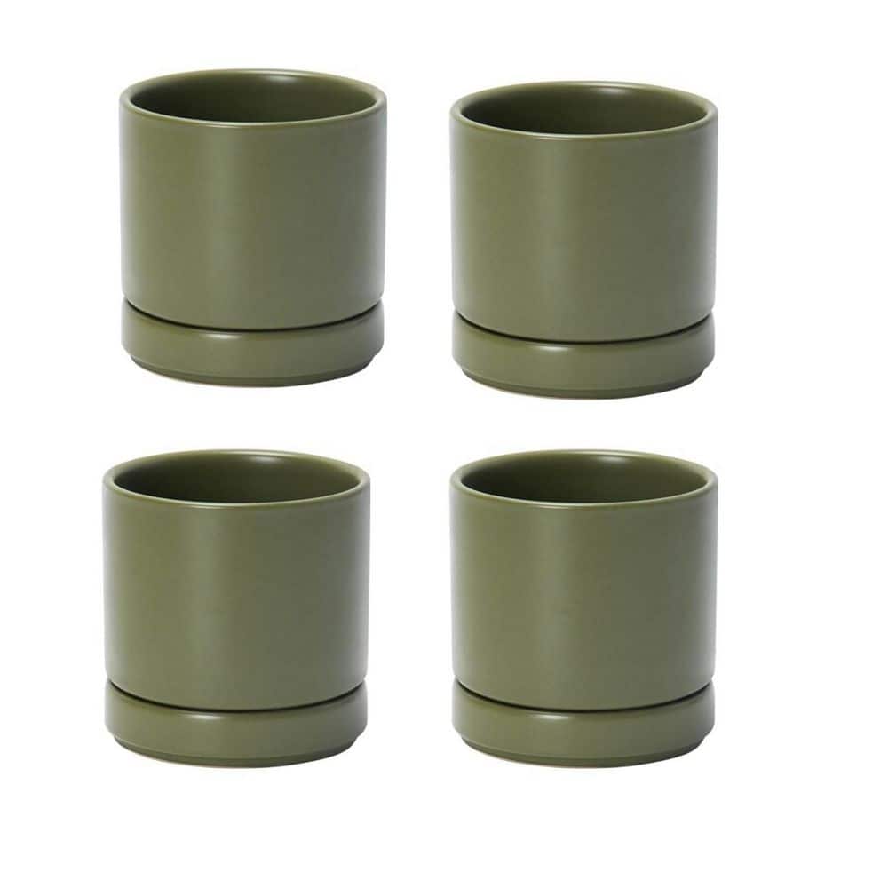 Olive Ceramic Indoor/Outdoor Planter with Saucer (4.7 in. W x 4.9