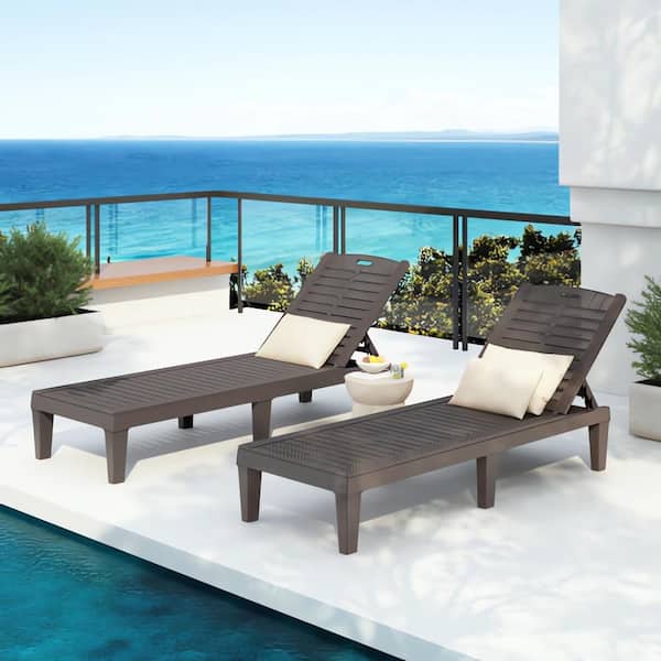 2-Piece Resin Dark Brown Outdoor Chaise Lounges with Adjustable Backrest for Patio, Poolside or Beach