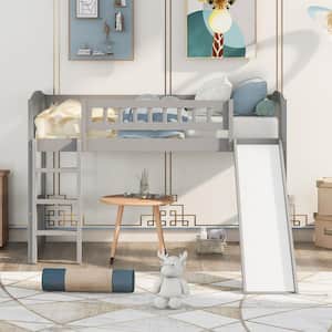 Twin Size Low Loft Bed with Slide and Ladder, Wooden Loft Bed Frame for Kids Girls Boys, Gray