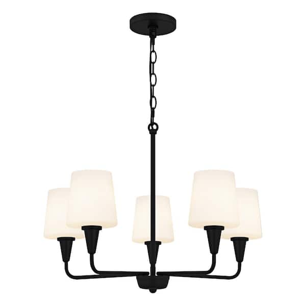 Juniper 5-Light Matte Black Chandelier with White Opal Etched Glass Shades