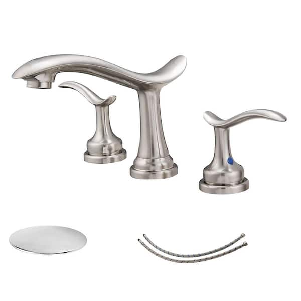 BWE 8 in. Waterfall Widespread 2-Handle Bathroom Faucet With Pop-up Drain Assembly in Spot Resist Brushed Nickel