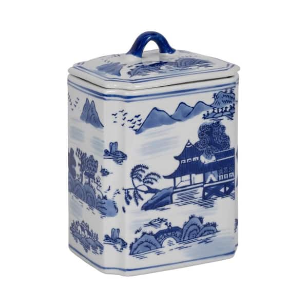 Liv & Skye 8 in. Blue Ceramic Rectangular Chinoiserie Jar