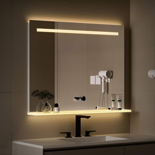 36 in. W x 28 in. H Rectangular Frameless Wall Bathroom Mirror with Shelf Modern Bathroom Vanity Mirror in White