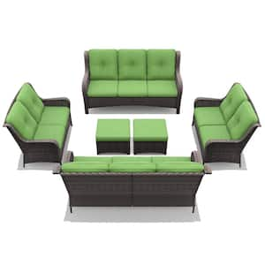 Patio Furniture Set 6 Pieces Outdoor Wicker Sectional Sofa with Green Cushions