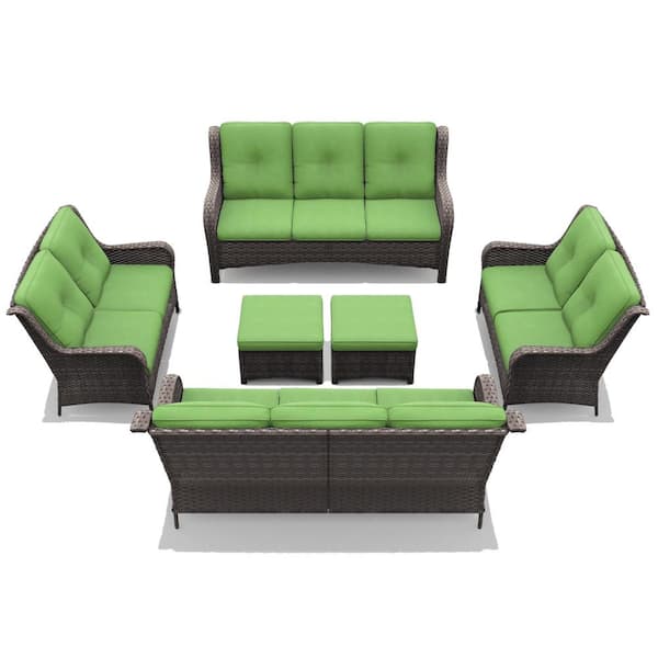 Patio Furniture Set 6 Pieces Outdoor Wicker Sectional Sofa with Green Cushions