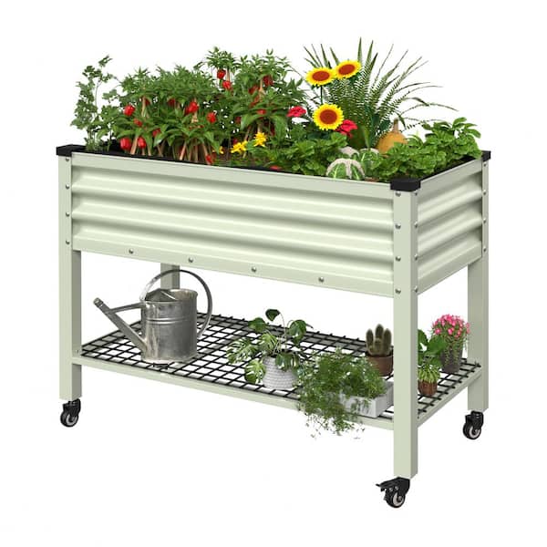 48 in. L x 25 in. W x 34 in. H Beige Galvanized Steel Raised Garden Bed w/ Lockable Wheels, Liner and Drainage Function