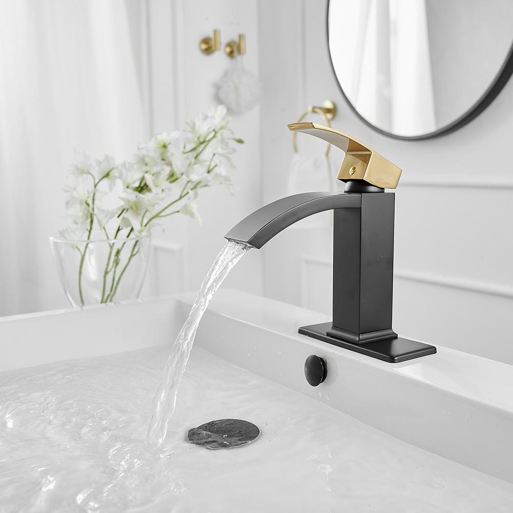 Gold and Black Waterfall Single Handle Bathroom Faucet