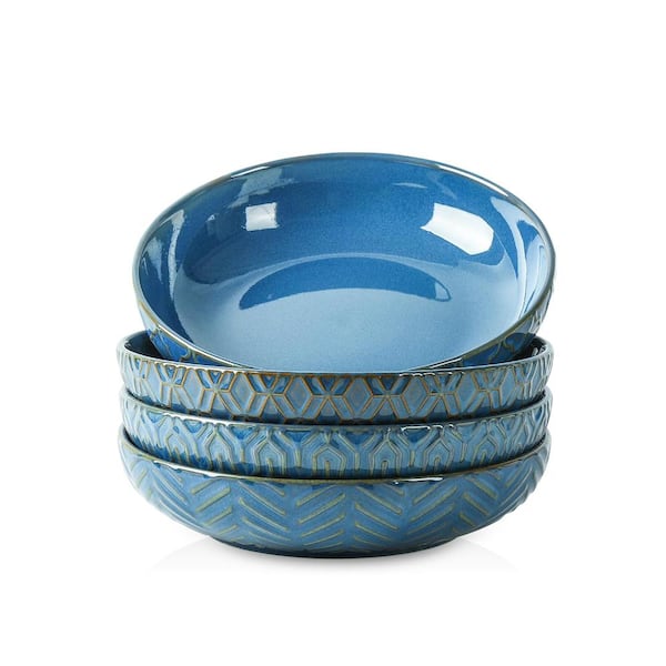 30 fl. oz. Blue Porcelain Embossed Wide Shallow Pasta and Soup Bowls 8.5 in. Set of 4 8.54 x 2.05 x 2.05