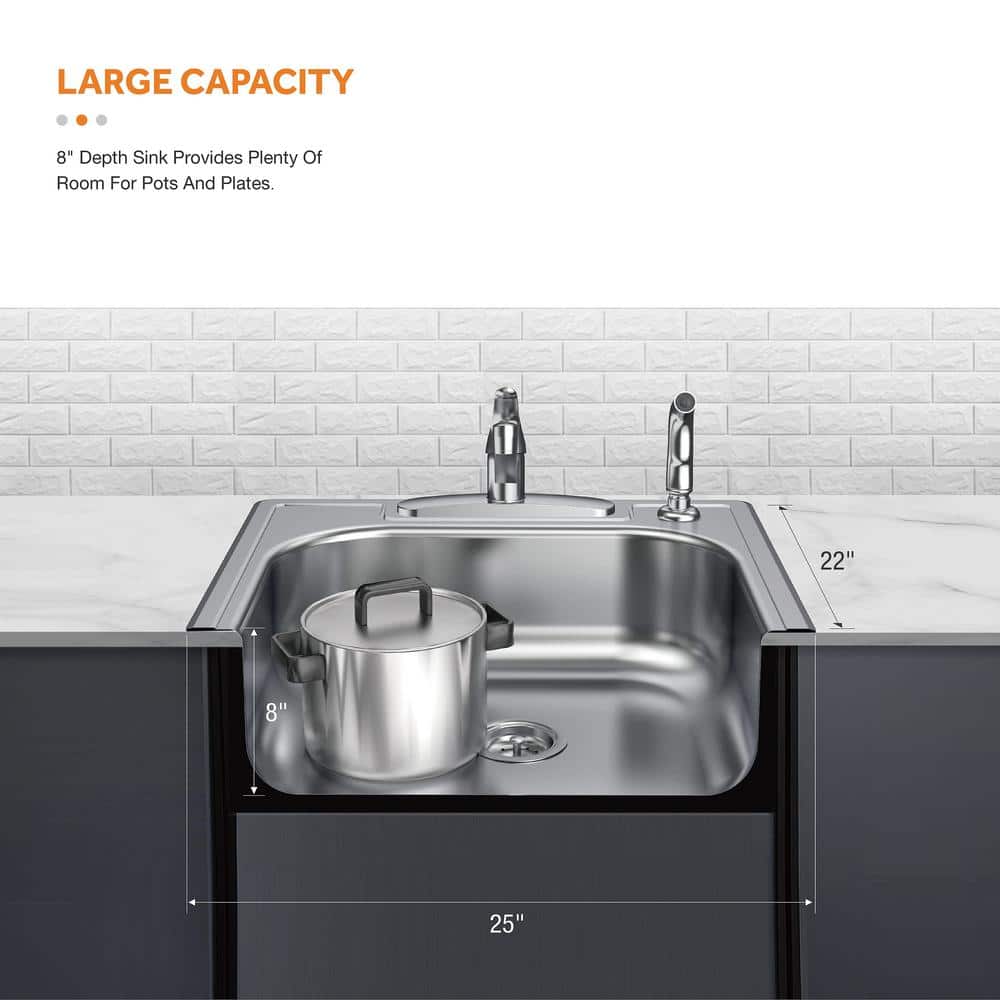 25-inch Brushed Stainless Steel Single Bowl Drop-In Kitchen Sink with Faucet
